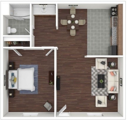 A top-down view of a small apartment with a kitchen, living room, and bathroom.
